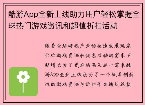 酷游App全新上线助力用户轻松掌握全球热门游戏资讯和超值折扣活动